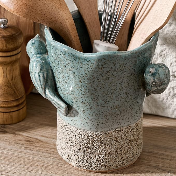 6.38“H Utensil Holder for Kitchen Counter, Modern Farmhouse Cooking Utensil Holder and Crock Home Kitchen Decor, Ceramic Utensil Organizer for Spatula, Ladle, Eggbeater, Rolling Pin- Blue and Brown - Image 4