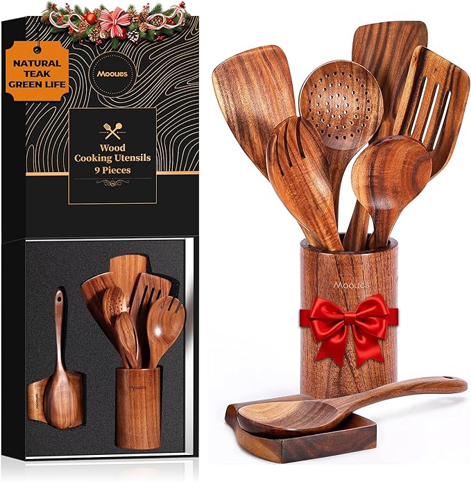 Mooues Wooden Spoons for Cooking, Wooden Utensils for Cooking Natural Teak Wooden Kitchen Utensils Set Comfort Grip(9 PCS SET GIFT BOX) by Mooues