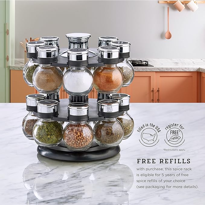 Kamenstein Ellington 16 Jar Revolving Spice Rack with Prefilled Spices - Rotating Chrome and Plastic Countertop Organizer with Sifter Caps and Labeled Lids - Image 6