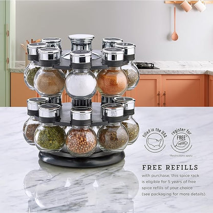 Kamenstein Ellington 16 Jar Revolving Spice Rack with Prefilled Spices - Rotating Chrome and Plastic Countertop Organizer with Sifter Caps and Labeled Lids - Image 6