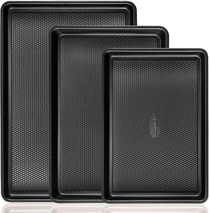 Cookie Sheets for Baking Nonstick - HONGBAKE Baking Sheet Pan Set of 3, Half/Quarter/Jelly Roll Pan for Oven with Diamond Texture Pattern, 57% Thicker Carbon Steel Cookie Trays, Dark Grey by HONGBAKE