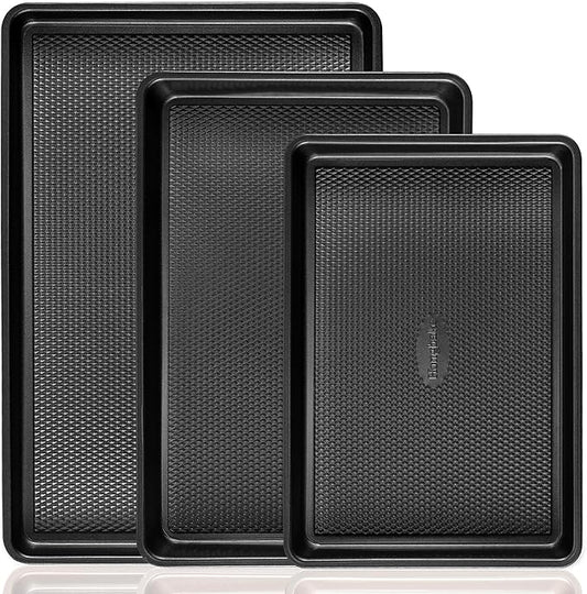 Cookie Sheets for Baking Nonstick - HONGBAKE Baking Sheet Pan Set of 3, Half/Quarter/Jelly Roll Pan for Oven with Diamond Texture Pattern, 57% Thicker Carbon Steel Cookie Trays, Dark Grey by HONGBAKE