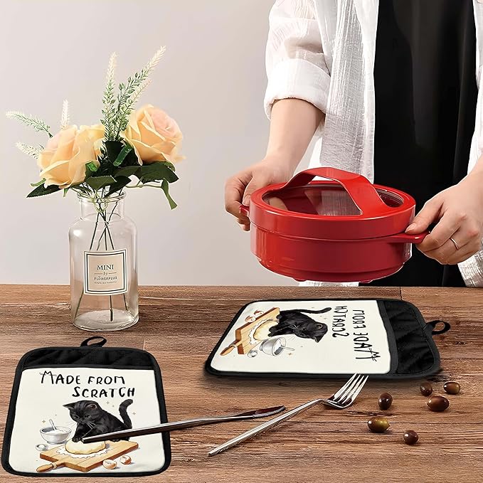 Black Cat Baking Pot Holders with Pockets, Made from Scratch Funny Black Cat Oven Pot Holders Heat Resistant Oven Mitts Hot Pads for Kitchen Baking Cooking