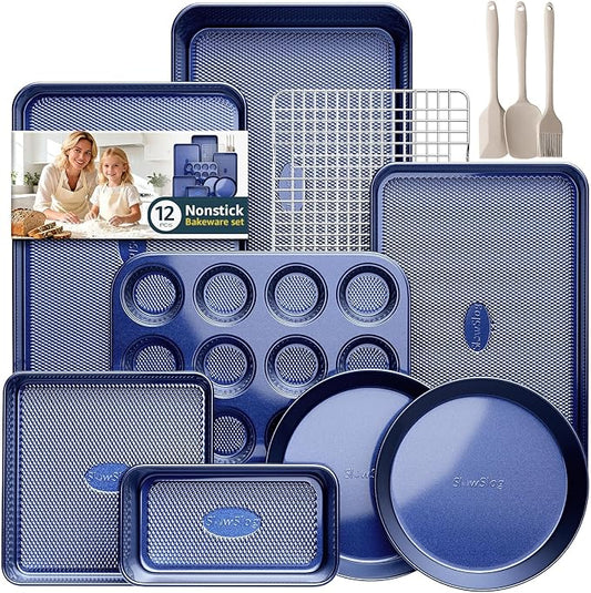 12-Piece Oven Safe Nonstick Bakeware Set with Baking Pan, Cake Pan, Muffin Pan, Loaf Pan, Square Pan, Roasting Pan, Cookie Pan, Cooling Rack & Utensils - Ceramic Coated Blue by SlowSLog
