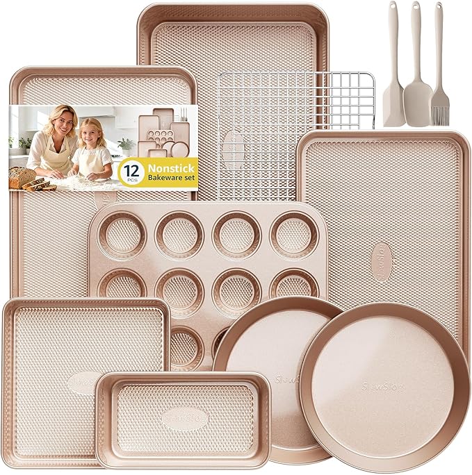 12-Piece Nonstick Bakeware Set with Baking Pan, Cake Pan, Muffin Pan, Loaf Pan, Square Pan, Roasting Pan, Cookie Pan, Cooling Rack & Utensils - Ceramic Coated Gold by SlowSLog