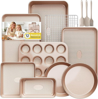 12-Piece Nonstick Bakeware Set with Baking Pan, Cake Pan, Muffin Pan, Loaf Pan, Square Pan, Roasting Pan, Cookie Pan, Cooling Rack & Utensils - Ceramic Coated Gold by SlowSLog