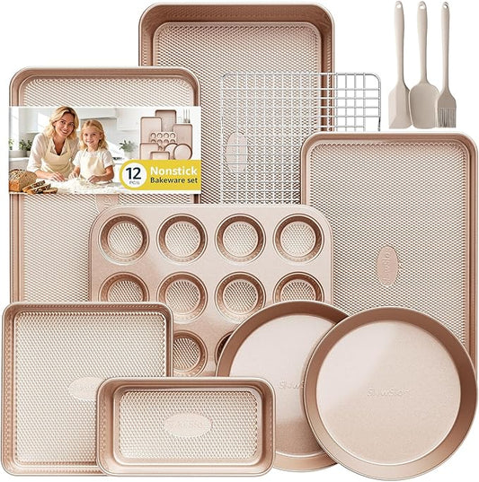 12-Piece Nonstick Bakeware Set with Baking Pan, Cake Pan, Muffin Pan, Loaf Pan, Square Pan, Roasting Pan, Cookie Pan, Cooling Rack & Utensils - Ceramic Coated Gold by SlowSLog