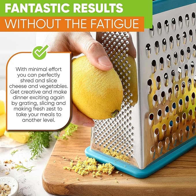 Spring Chef Handheld Stainless Steel XL Parmesan Cheese Grater with Handle - 4 Sided Metal Box Grater for Kitchen - Dishwasher Safe Potato Shredder for Hash Browns, Potato, Carrot, Vegetables - Teal - Image 7