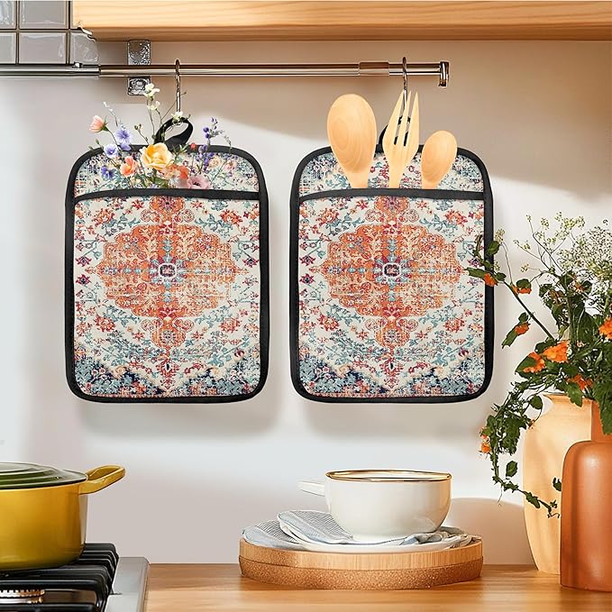 Rustic Vintage Boho Pot Holders for Kitchen, Abstract Orange Blue Boho Ethnic Floral Botanical Heat Resistant Hot Pads and Oven Mitts for Baking Cooking - Image 2