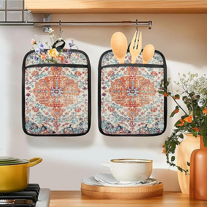 Rustic Vintage Boho Pot Holders for Kitchen, Abstract Orange Blue Boho Ethnic Floral Botanical Heat Resistant Hot Pads and Oven Mitts for Baking Cooking - Image 2