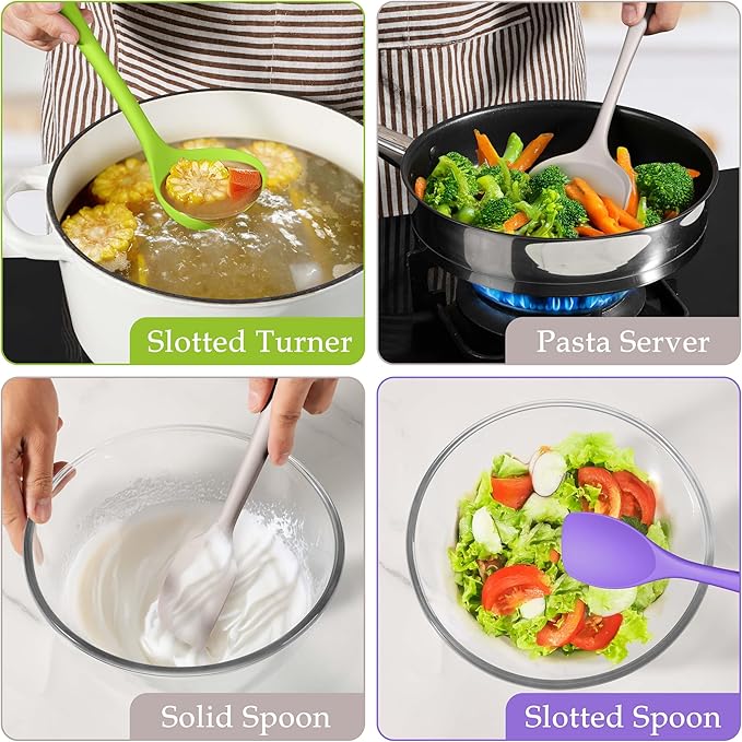 LIANYU 8Pcs Kitchen Cooking Utensils Set, Silicone Utensils Spatula Set, Heat Resistant Cooking Gadgets for Nonstick Cookware, Include Silicone Spoon, Turner, Spatula, Ladle, Multi-Color - Image 6