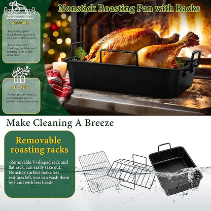 E-far Roasting Pan with Racks, Small Stainless Steel Turkey Roaster with V-Shaped & Cooling Rack for Oven, 14 Inch Nonstick Deep Broiler Pan with Handles for Baking Chicken Lasagna Meat, Heavy Duty