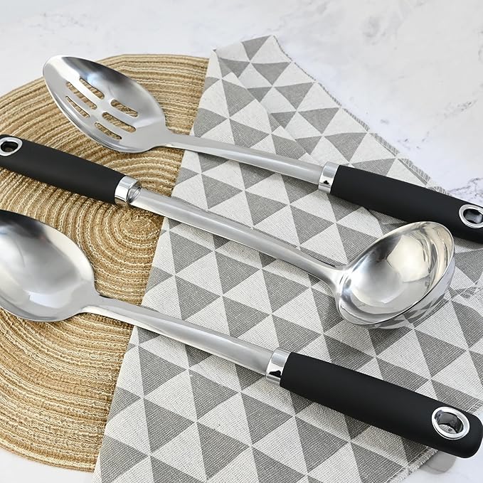 14-in Cooking Spoons Set, Heavy Duty 18/0 Stainless Steel Large Serving Spoons Set, Slotted Spoon, Cooking Spoon & Soup Ladle, Commercial and Residential Use, Pack of 3 - Image 4