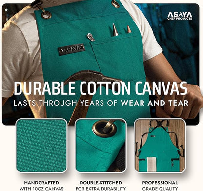 Asaya Chef and BBQ Apron with Bottle Opener and Hand Towel - 10oz Cotton Canvas, Stainless Steel Hardware - Cross Back Straps - Image 3