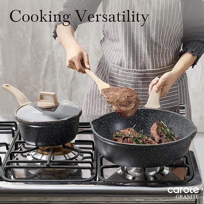CAROTE 12 Inch Nonstick Deep Frying Pan with Lid, 5.5 Qt Jumbo Cooker Saute Pan with Pour Spout, Skillet Induction Cookware, Non Stick Cooking Pan PFOA Free, Classic Granite - Image 7