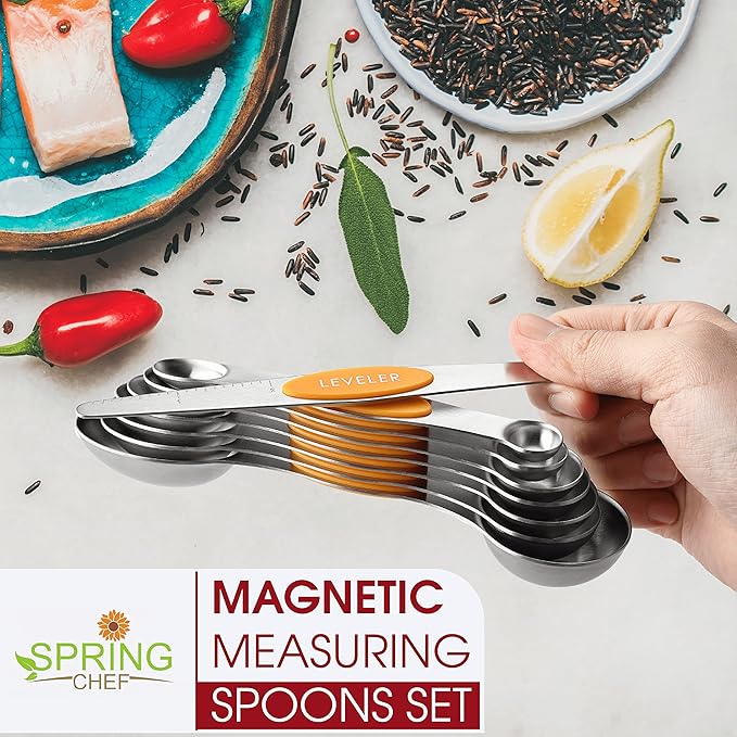 Spring Chef Stainless Steel Magnetic Measuring Spoons Set of 8 with Leveler, Dual Sided Metal Teaspoon & Tablespoon Measuring Spoons, Kitchen Gadgets for Baking & Cooking, Fits in Spice Jars - Mango - Image 2