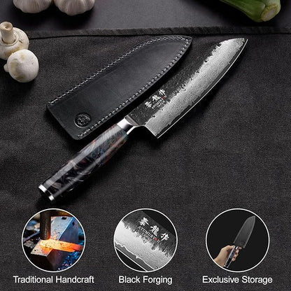 Japanese Santoku Knife 7 Inch, Hand Forged 67 Layers Damascus VG10 Steel Core Chef Knife for Home ＆ Professional Chefs, Kitchen Knives with Leather Sheath and Luxury Gift Box, Ideal Cooking Gift