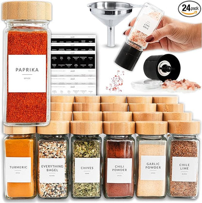 SAVVY & SORTED Glass Spice Jars with Label, 24PK Bamboo Jar Spices Set 4oz, 374 Spice Labels, Pepper Grinder, Empty Herb Seasoning Containers, Funnel and Shaker Lids by SAVVYSORTED%C2%AE