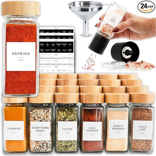 SAVVY & SORTED Glass Spice Jars with Label, 24PK Bamboo Jar Spices Set 4oz, 374 Spice Labels, Pepper Grinder, Empty Herb Seasoning Containers, Funnel and Shaker Lids by SAVVYSORTED%C2%AE