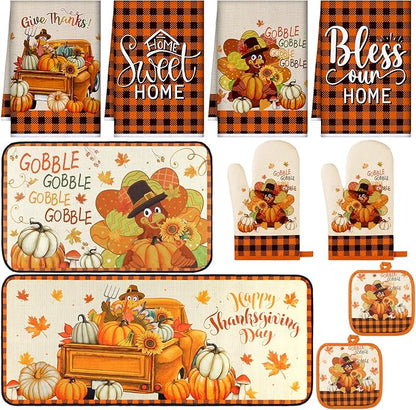 Fanfanwin 10 Pcs Fall Thanksgiving Turkey Kitchen Decor Set Kitchen Towels Pot Holders Oven Mitts and Rugs Set Thanksgiving Towels for Baking Cooking BBQ Autumn Home
