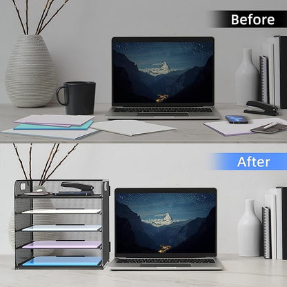 Supeasy 2 Pack 5-Tier Desk Organizer with Handle Mesh Desk File/Paper Organizer Letter Tray for Office, School, Classroom and Home Easy Installation, Black - Image 4