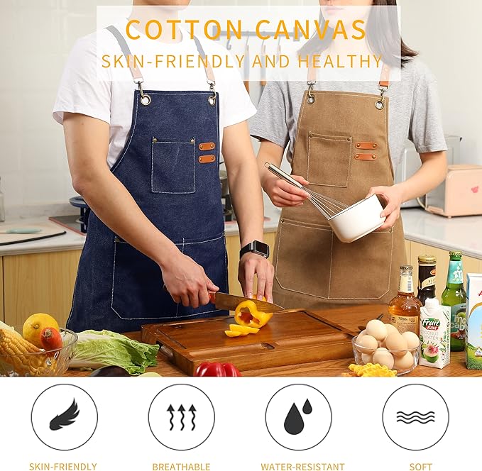 Tosewever Canvas Cross Back Chef Cotton Aprons for Men Women with Large Pockets - Image 5