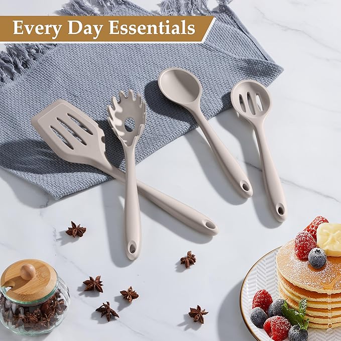 LIANYU 4Pcs Kitchen Utensils Set, Food-Grade Silicone Cooking Utensils, Farmhouse Kitchen Tools for Nonstick Cookware, Include Spoon, Turner, Pasta Server, Heat Resistant, Dishwasher Safe, Khaki - Image 4