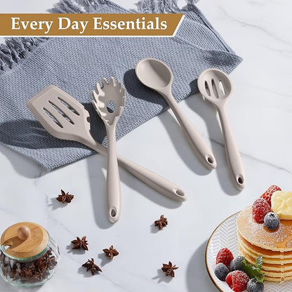 LIANYU 4Pcs Kitchen Utensils Set, Food-Grade Silicone Cooking Utensils, Farmhouse Kitchen Tools for Nonstick Cookware, Include Spoon, Turner, Pasta Server, Heat Resistant, Dishwasher Safe, Khaki - Image 4