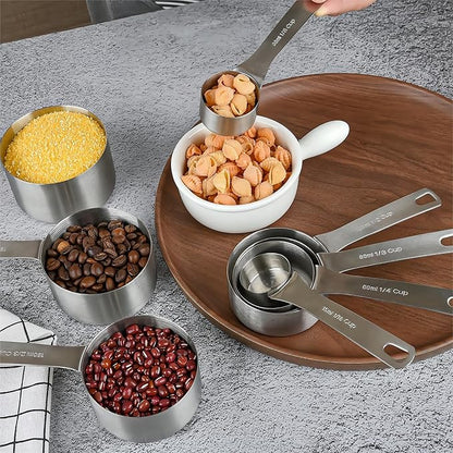 Measuring Cup Set of 8, 18/8 Stainless Steel Measuring Cups for Kitchen & Baking, Heavy Duty Metric & US Measure Cups Set with 2/3 Cup & 3/4 Cup Meaure Cups