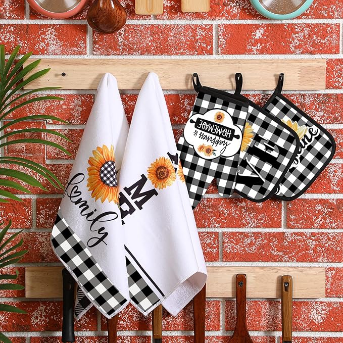 5 Pieces Buffalo Plaid Kitchen Towels Oven Mitts and Pot Holder Set Black and White Kitchen Towels Oven Gloves, Hot Pads Pot Holders for Farm House Accessories Decor(Sunflower) - Image 7