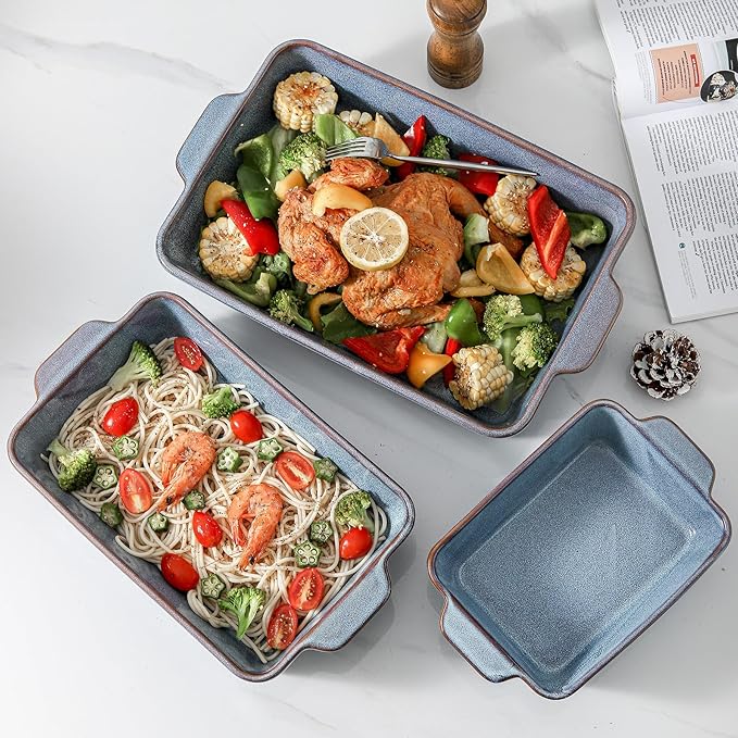 HVH 9x13 Baking Dish Set, Large Casserole Dishes for Oven, Ceramic Bakeware Set of 3, Rectangular Lasagne Pan Deep for Baking (Wabi sabi) - Image 2
