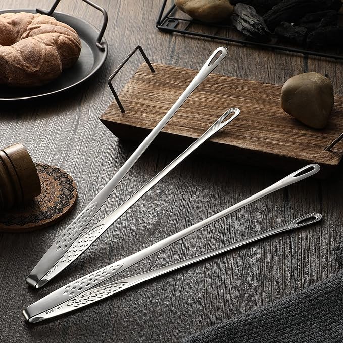 Geiserailie 3 Pcs 11 Inches Korean BBQ Tongs Stainless Steel Kitchen Tweezers Grill for Cooking Hot Pot Food Yakiniku Clamp Tool for Salad, Fish, Steak, Barbecue, Buffet, Meat - Image 4