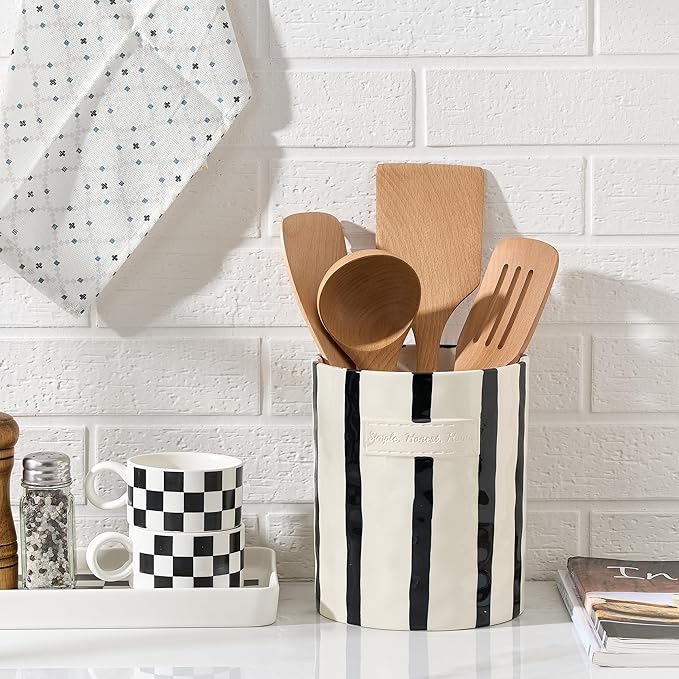 JIEMEI HOME Kitchen Utensil Holder, 7.2" Ceramic Stable Utensil Crock for Countertop, Modern Minimalism Style Cooking Tool Organizer with Cork Mat, Spatula Holder For Kitchen Decor, Black stripes - Image 3