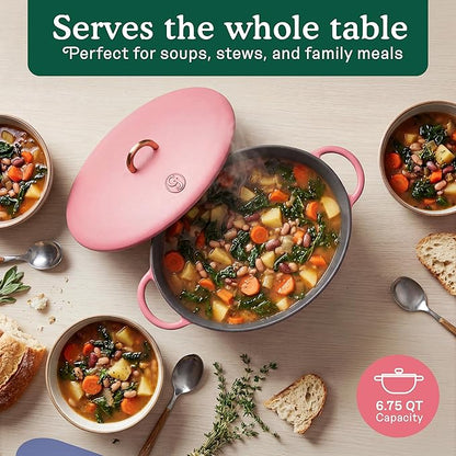 Great Jones Dutchess Cast Iron Dutch Oven Pot With Lid (Taffy) - Large 6.75 Quart Size, Dual Handles - All Stovetop Safe - 500° Dutch Oven For Bread Baking | Dishwasher Friendly