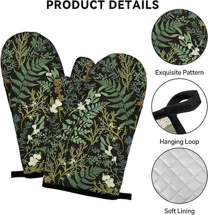Botanical Print Floral Oven Mitts and Pot Holders Sets Black Sage Green Leaves Kitchen Oven Gloves Hot Pads Farmhouse Potholders and Kitchen Mitts 4Pcs for Baking Cooking BBQ (Black)