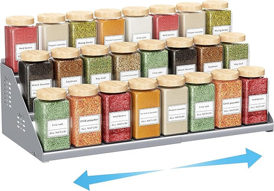 BOIVSHI Spice Rack Organizer, Metal Spice Rack Organizer for Cabinet, Countertop Spice Rack - Expandable Width, 3 Tier Spice Shelf for Cabinet, Countertop, Pantry, Cupboard, Gray