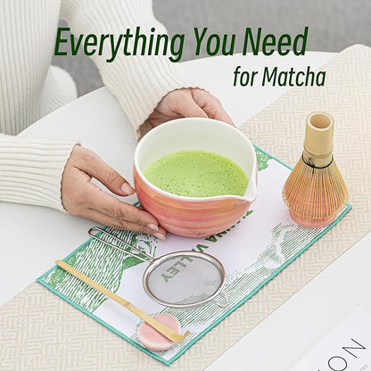 Matcha Whisk Set,7 Pcs Matcha Set Pink,Matcha Kit for Ceremony,480 Ml Ceramic Bowl(chawan) with Spout,Bamboo Whisk(100-prong) and Holder,Tradition Tea Set,Gift for Matcha Lovers