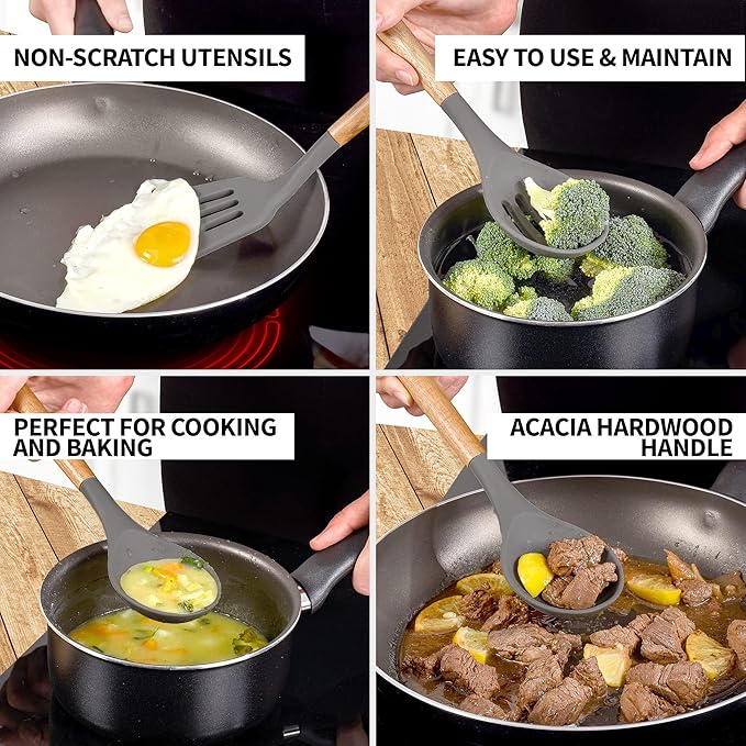 Zulay Kitchen Utensils Set Non-Stick Silicone Cooking Utensils Set with Authentic Acacia Wood Handles - 5 Piece Silicone Utensil Set - Kitchen Utensils Set with 464°F Heat Resistance - Gray - Image 3