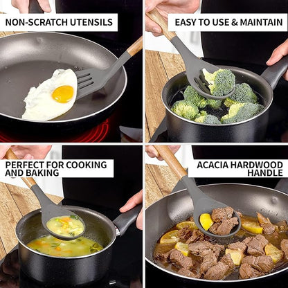 Zulay Kitchen Utensils Set Non-Stick Silicone Cooking Utensils Set with Authentic Acacia Wood Handles - 5 Piece Silicone Utensil Set - Kitchen Utensils Set with 464°F Heat Resistance - Gray - Image 3