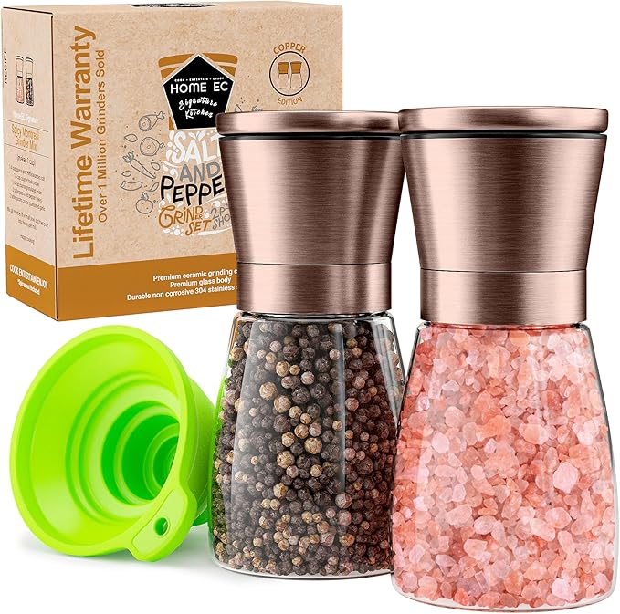 Home EC Original Copper Salt and Pepper Grinder Set of 2 - Adjustable Ceramic Grinder - Glass Salt and Pepper Shakers With Funnel and Ebook - Kitchen Spice Mill - Copper Kitchen Accessories by HOMEEC