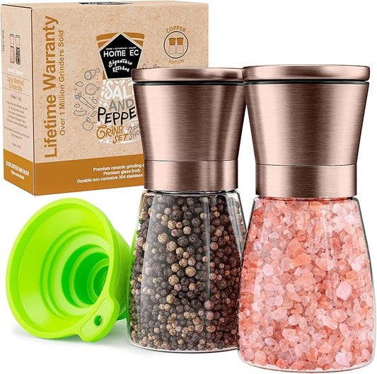 Home EC Original Copper Salt and Pepper Grinder Set of 2 - Adjustable Ceramic Grinder - Glass Salt and Pepper Shakers With Funnel and Ebook - Kitchen Spice Mill - Copper Kitchen Accessories by HOMEEC