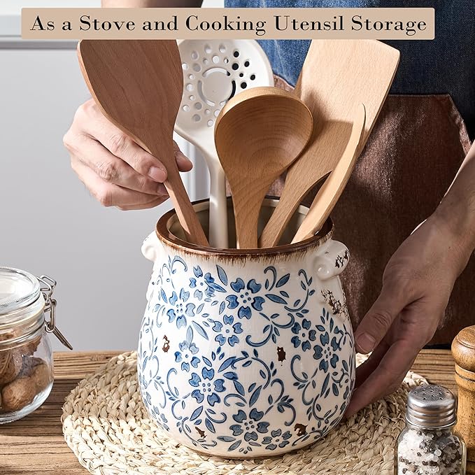 Utensil Holder for Kitchen Counter, Modern Farmhouse Rustic Cooking Utensil Holder and Crock, Exquisite Chinoiserie Floral Ceramic Utensil Organizer for Home Kitchen Decor- Blue and White Porcelain - Image 5