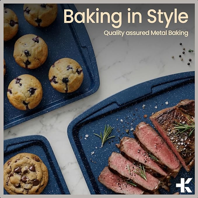 BAKKEN Kitchen Baking Pan Set - Nonstick Coating, Commercial Grade Carbon Steel Bakeware Sets, Baking Kitchen Essentials, PFOA, PFOS, PTFE Free, Oven Safe Tray (Up To 450° F), Set of 3, Blue Marble - Image 8