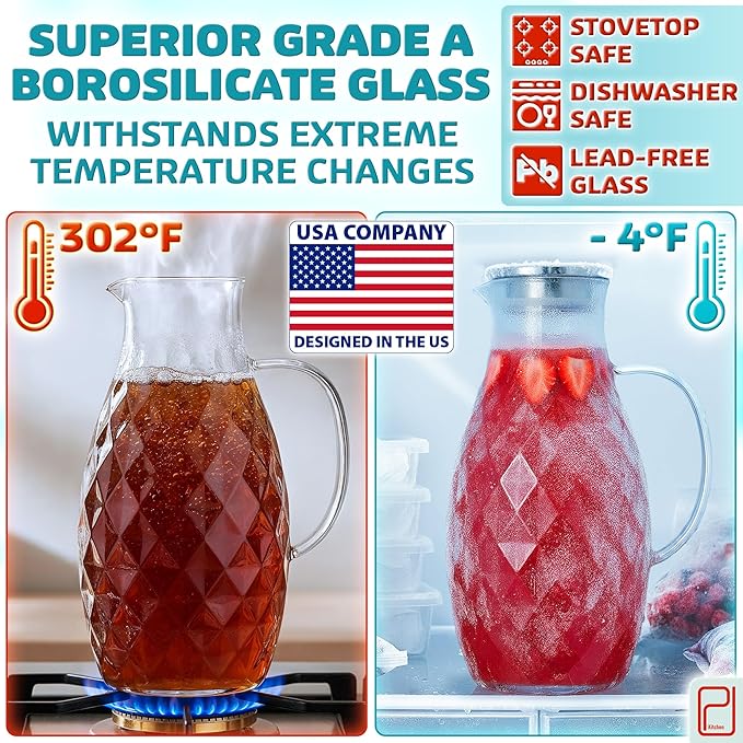 Premium Borosilicate Glass Pitcher with Lid and Spout - 3 Liter / 100 oz, Borosilicate Glass with Handle - Carafe for Hot/Cold Beverages - Water Jug - Iced Tea Pitcher - Juice Server