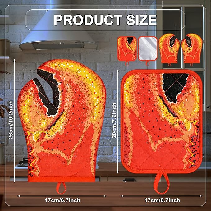 4 Pcs Lobster Claw Oven Mitts and Pot Holders Quilted Cotton Lining Design Heat Resistant Oven Gloves Set with Poth Holder Microwave Gloves Safe for Baking Cooking Barbecue - Image 2
