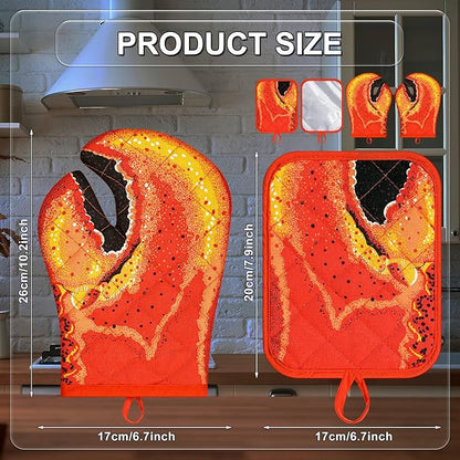 4 Pcs Lobster Claw Oven Mitts and Pot Holders Quilted Cotton Lining Design Heat Resistant Oven Gloves Set with Poth Holder Microwave Gloves Safe for Baking Cooking Barbecue - Image 2