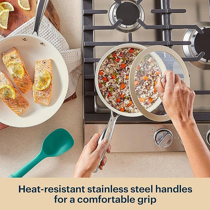 Pyrex 3-Piece Ceramic Cookware Fry Pan & Saucepan Set with Lid & Stainless Steel Handles, Healthy Nonstick Ceramic Coating, Induction Compatible Stainless Steel, PFAS Lead Cadmium BPA Free
