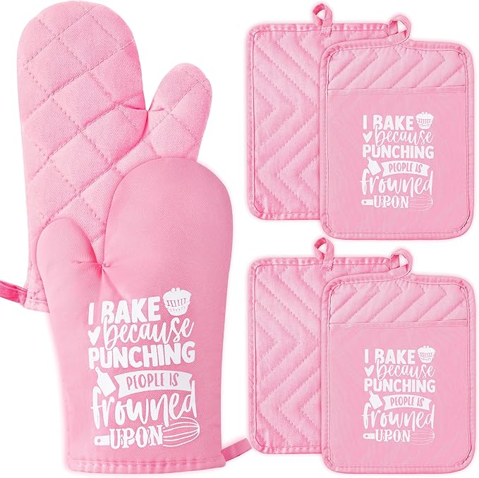GROBRO7 6Pcs Cotton Oven Mitts Pot Holders Funny Women Resistant Hot Pads Machine Washable Microwave Gloves with Hanging Loop Pocket Potholder for Kitchen Baking Cooking GrillingPink by GROBRO7