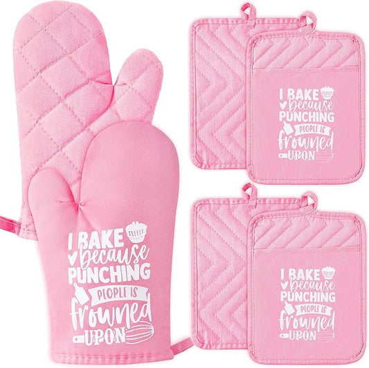GROBRO7 6Pcs Cotton Oven Mitts Pot Holders Funny Women Resistant Hot Pads Machine Washable Microwave Gloves with Hanging Loop Pocket Potholder for Kitchen Baking Cooking GrillingPink by GROBRO7