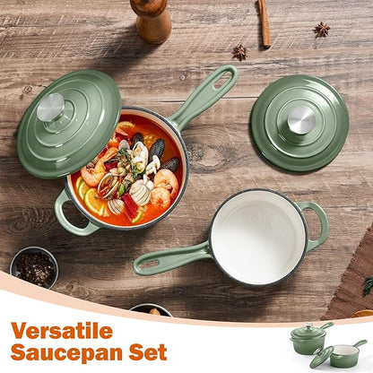 Homikit 1 QT & 2 QT Saucepan Set, Enameled Cast Iron Saucepan with Lid for All Cooktops, Small Pot Mini Dutch Oven for Kitchen Cooking, Boiling, Nonstick & Heavy Duty, Sage Green